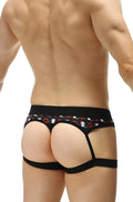 Black thong petitq boxer poggio millesime back view with white and orange devil pattern waistband and thin buttocks straps