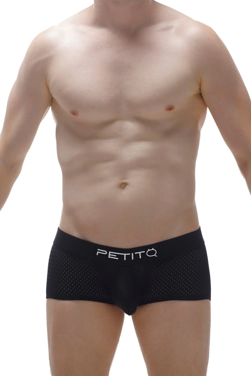 Black mesh briefs with white petitq logo on waistband from petitq boxer porta black collection