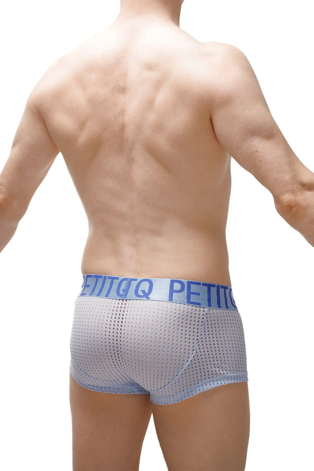 Light blue mesh petitq boxer protruder durtol briefs with matching elastic waistband and bold branding