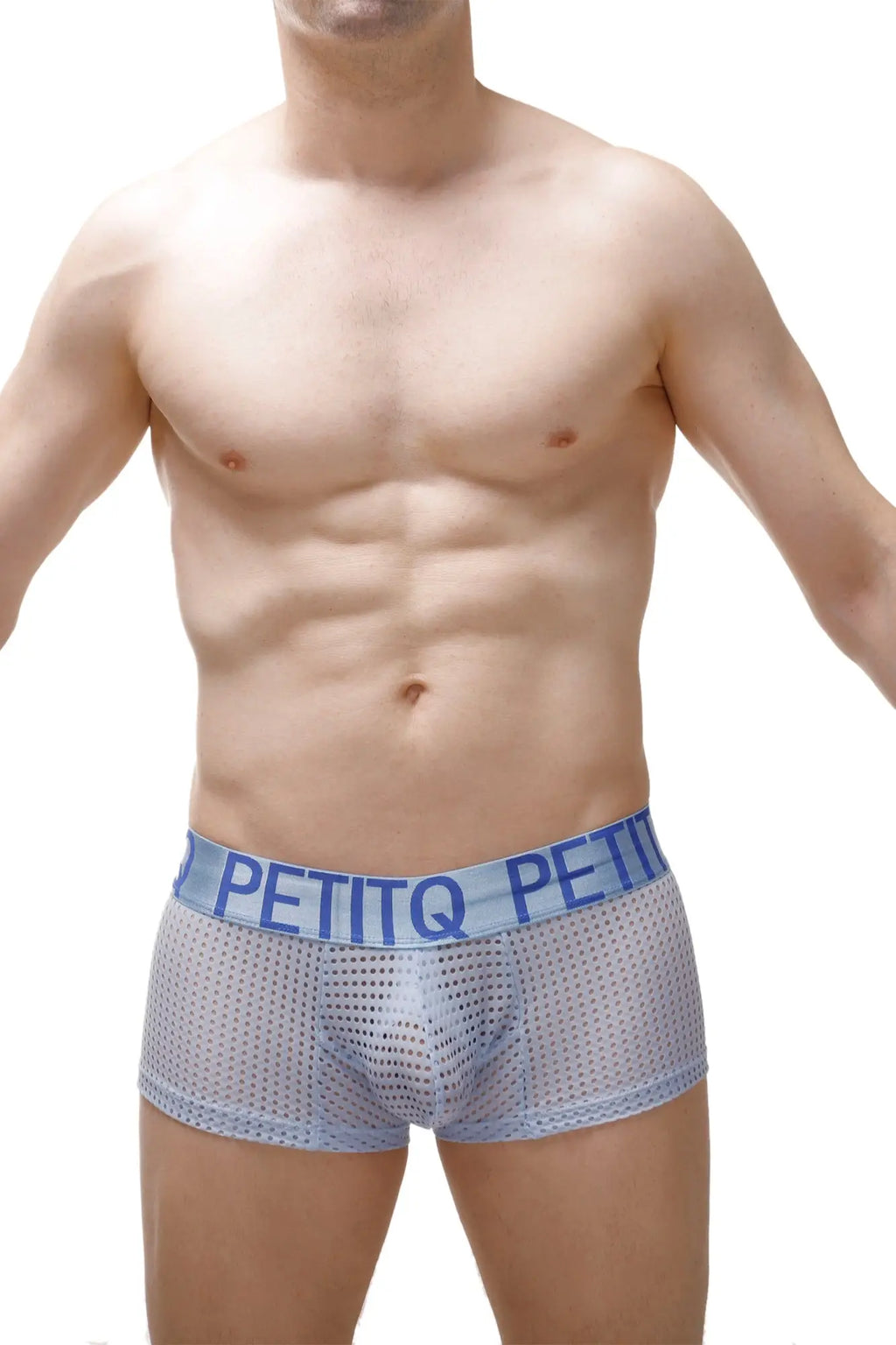 Light blue mesh men’s boxer briefs with matching PetitQ branded elastic waistband in Protruder Durtol Sky Blue color