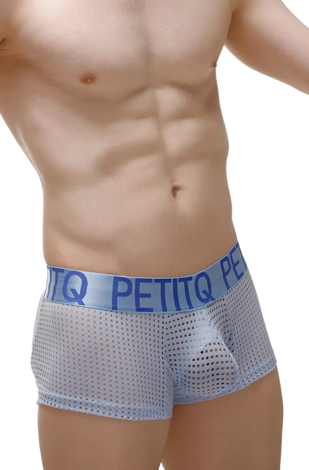 Light blue mesh men’s boxer underwear with matching petitq elastic waistband for comfortable support