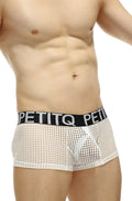 White mesh briefs with black elastic waistband featuring petitq logo in white from petitq boxer protruder durtol white