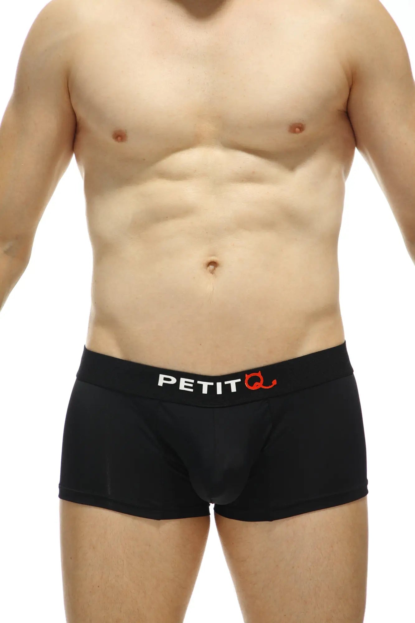 Black mens briefs with white and red petitq logo on waistband made from recycled fabric for eco friendly comfort
