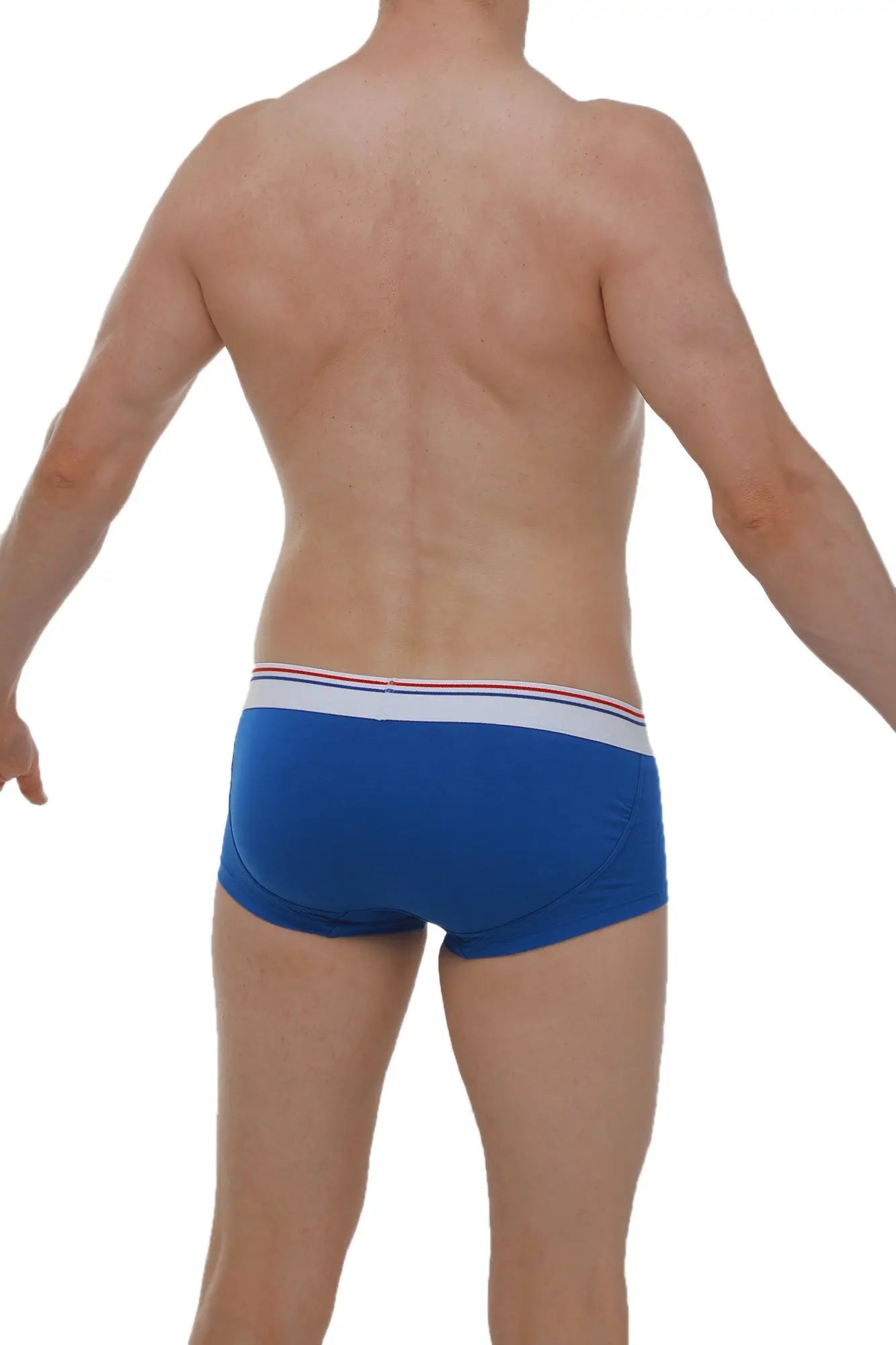 Blue men’s petitq boxer push-up briefs with white waistband featuring thin red and blue stripes