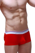 Petitq boxer push-up red men’s briefs in red with white elastic waistband featuring red and blue stripes and peak logo