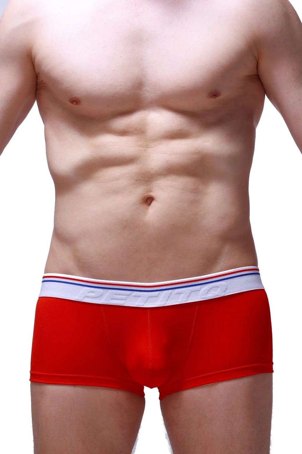 Red petitq boxer push-up briefs with white elastic waistband featuring red and blue stripes and petitbag logo in gray