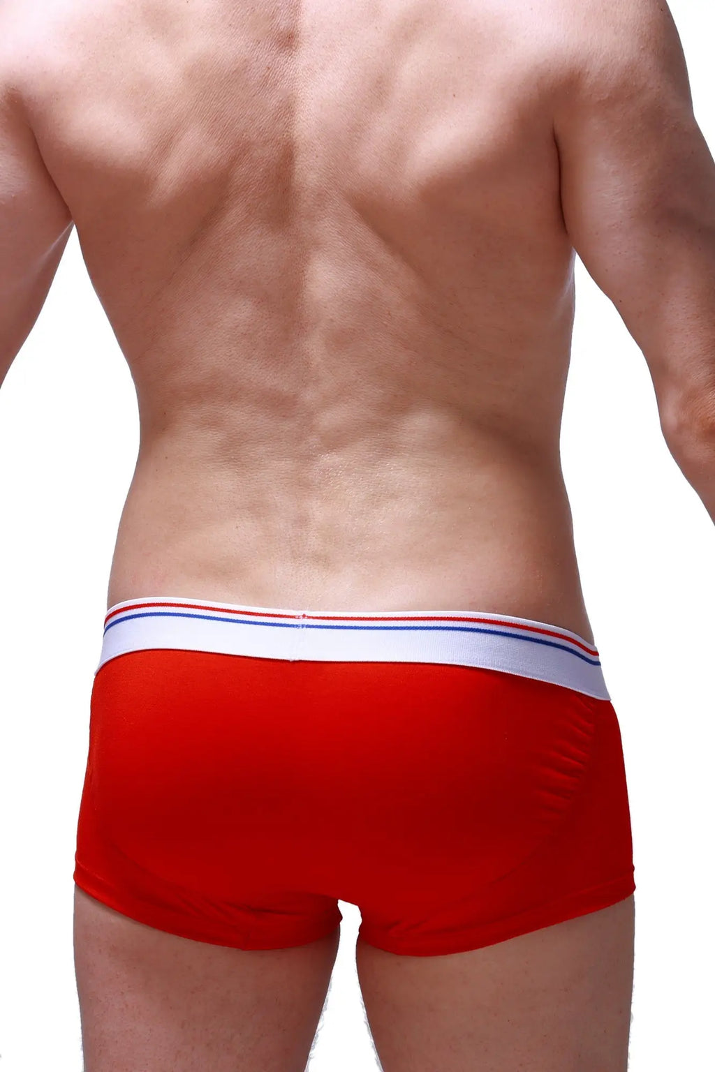 PetitQ boxer push-up red men’s briefs in red with white waistband featuring thin red and blue stripes