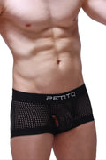 Black mesh PetitQ boxer briefs with white PetitQ logo on waistband designed for breathable comfort and style