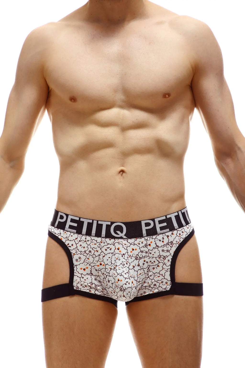 White petitq boxer renno nuage briefs with black waistband and cartoon skull pattern on the front side