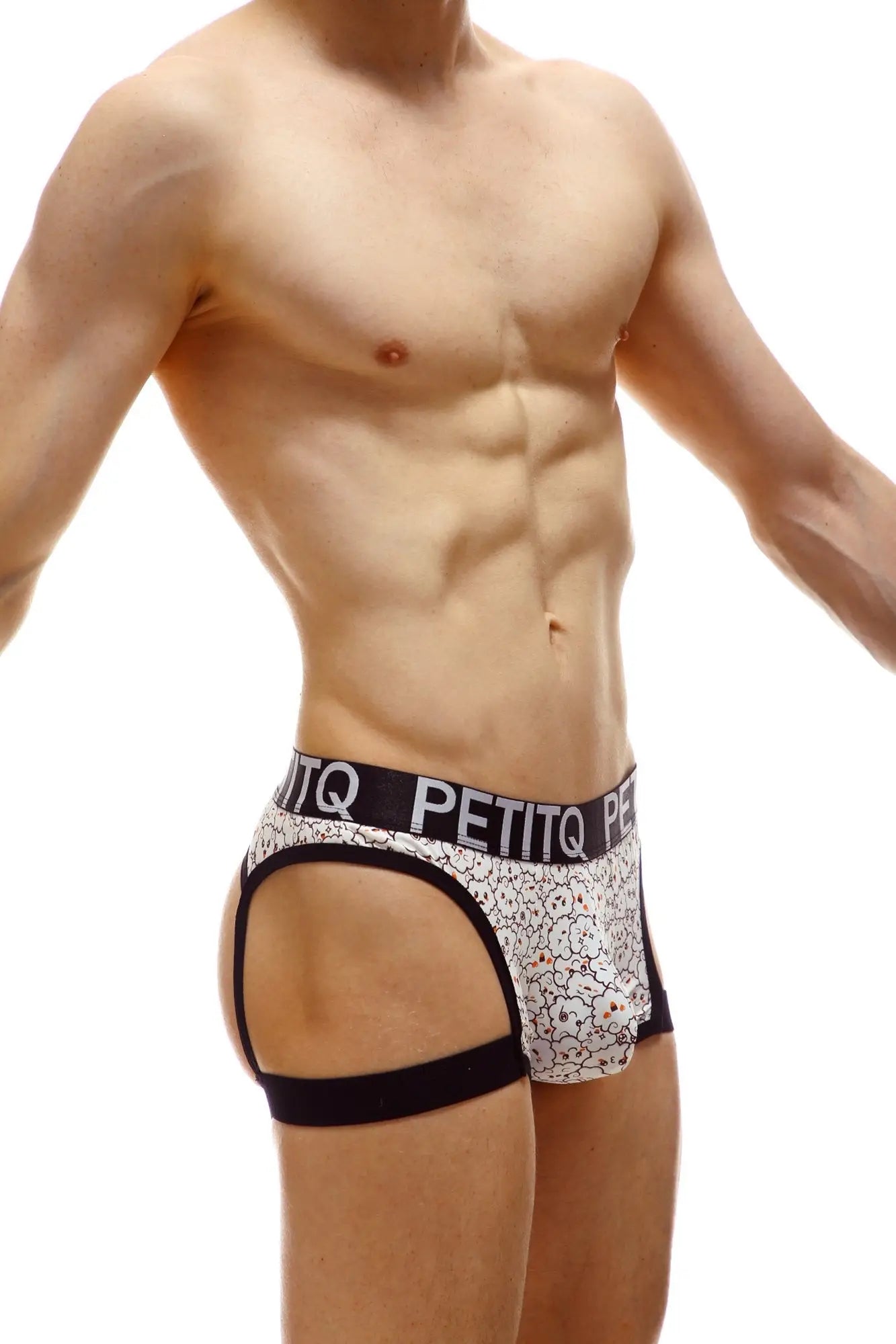 Petitq boxer renno nuage white floral patterned men’s briefs with black trim and branded waistband front view