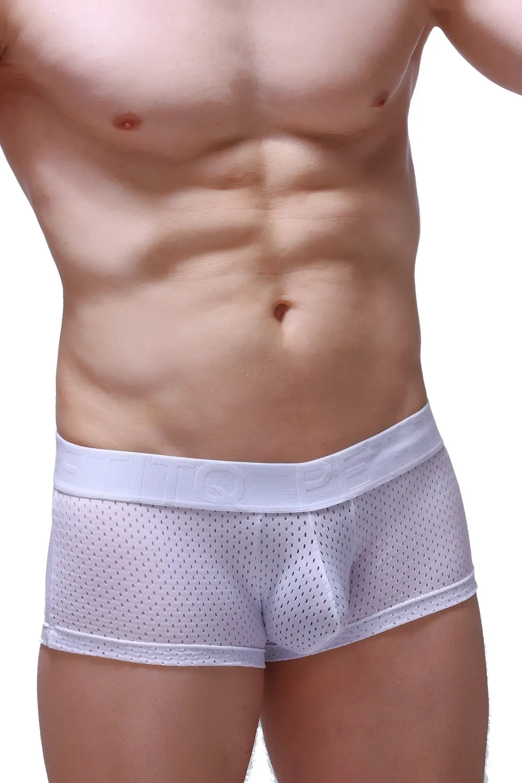 White mesh boxer Reotier bee briefs with solid white elastic waistband featuring embossed lettering front view