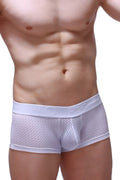 White mesh boxer Reotier bee briefs with solid white elastic waistband featuring embossed lettering front view