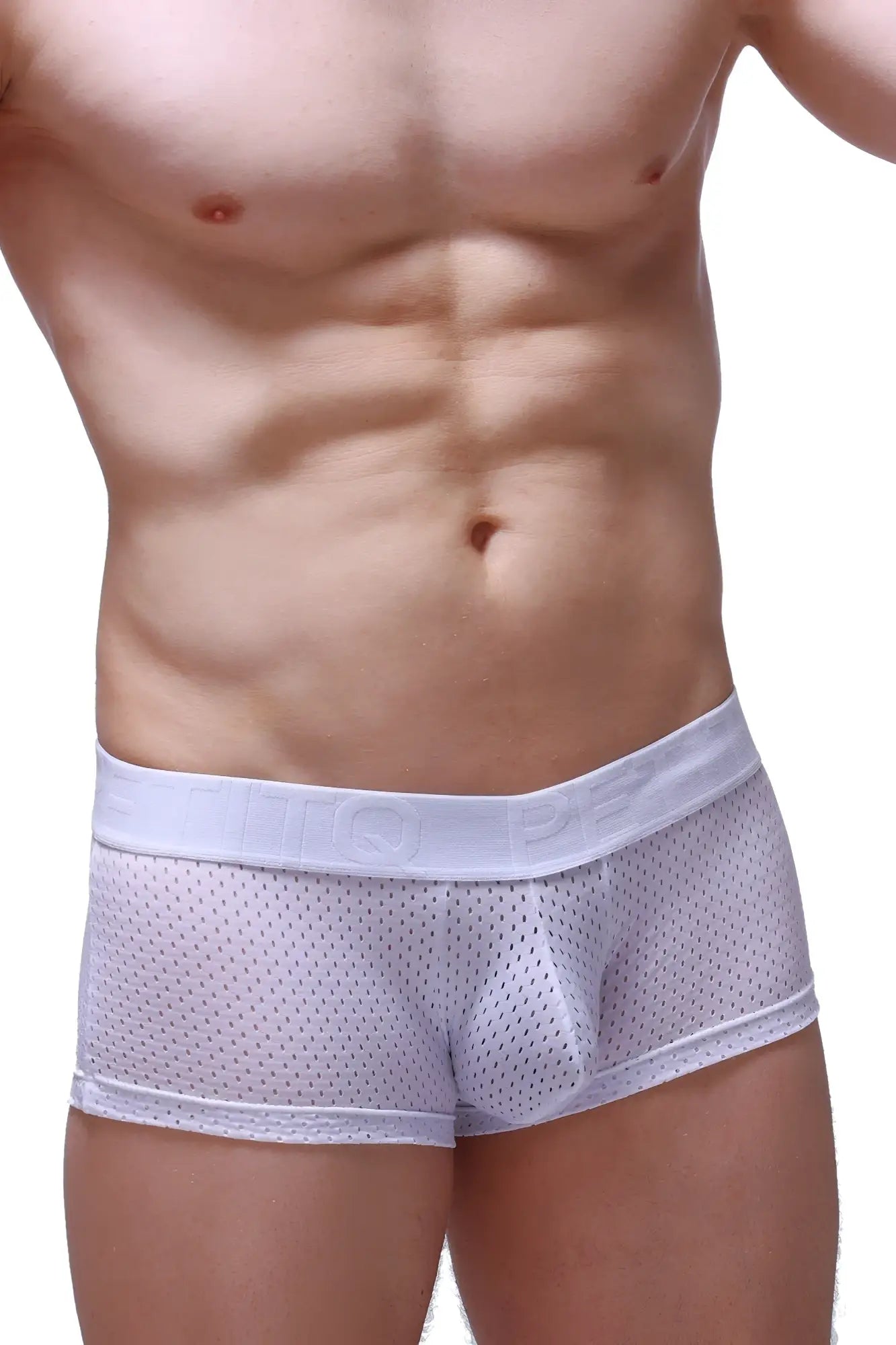 White mesh boxer Reotier bee briefs with solid white elastic waistband featuring embossed lettering front view