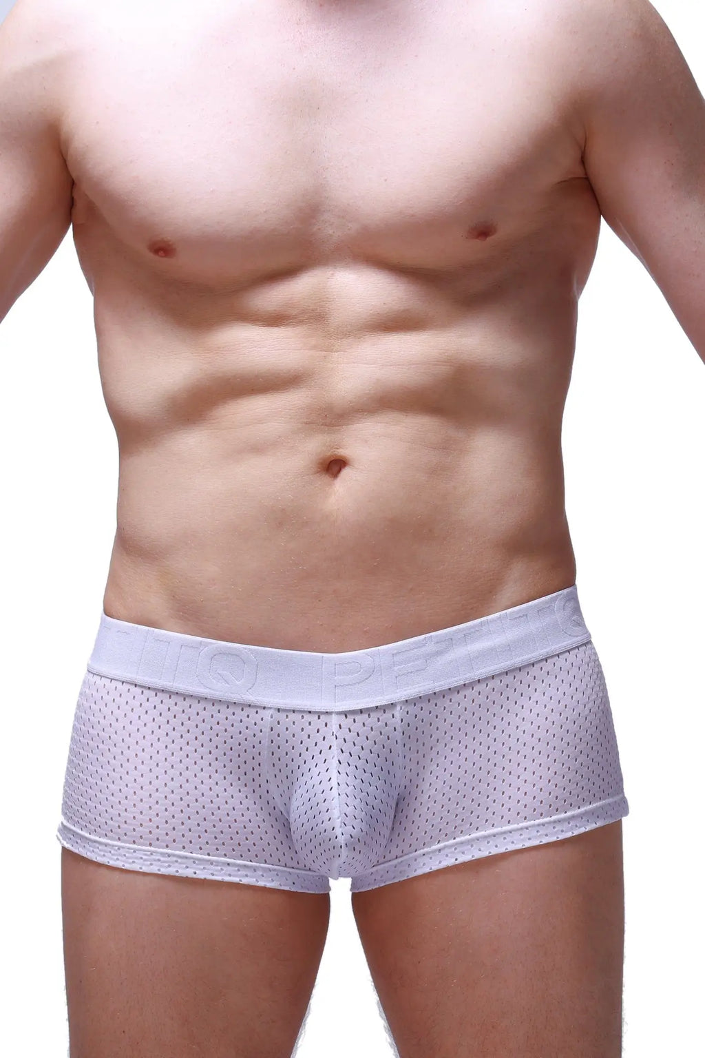 White mesh boxer briefs with a solid white waistband and subtle branding from the reotier bee white collection
