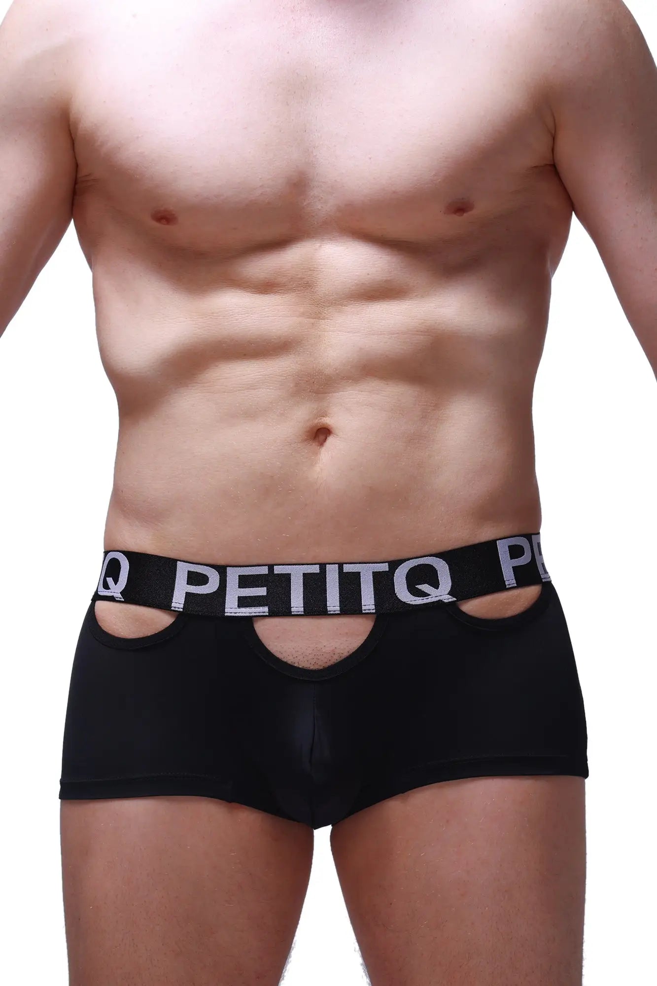 Black petitq boxer briefs with bold white logo band and cutout details designed for comfortable everyday wear