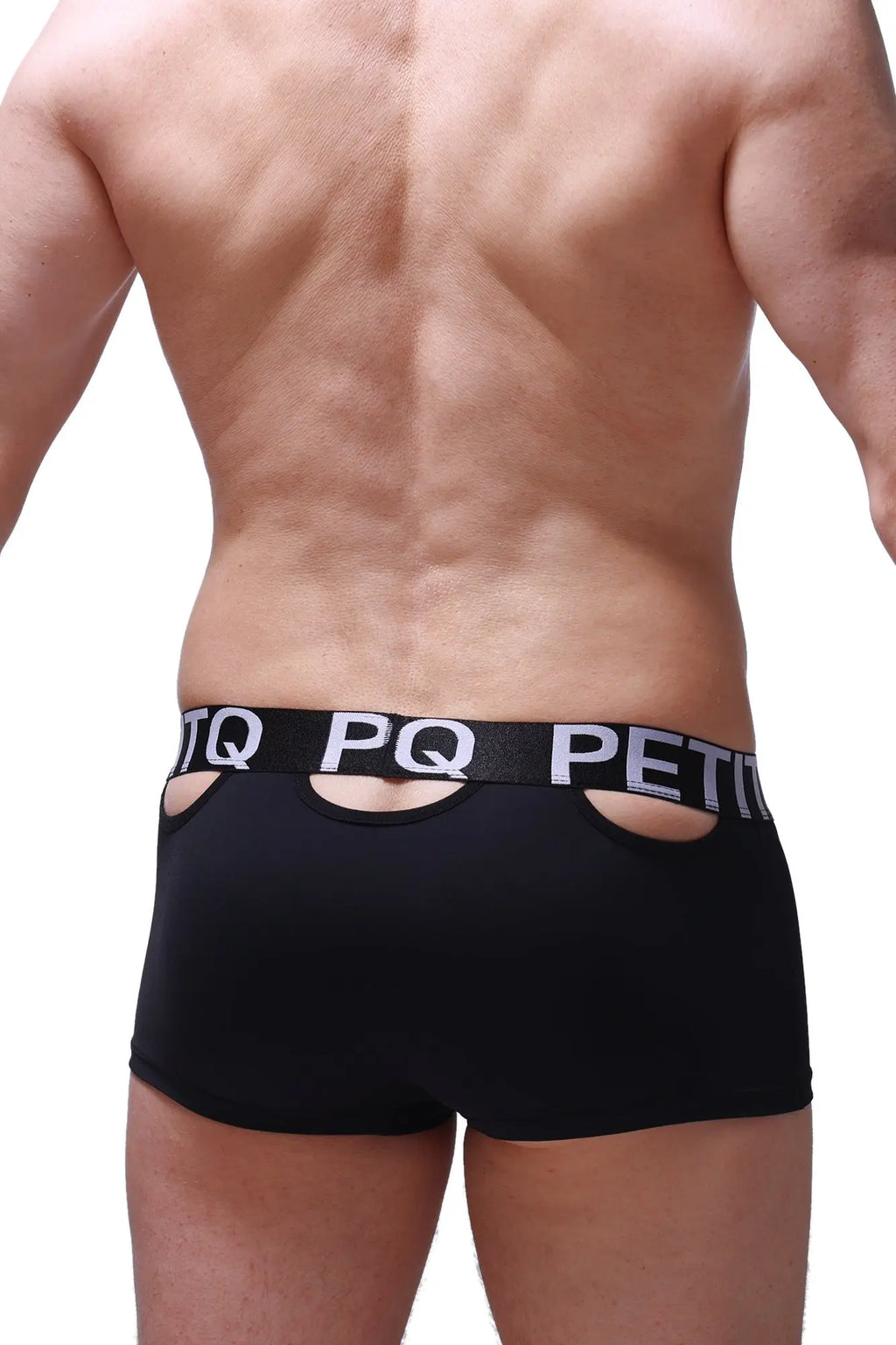 Black men’s briefs petitq boxer saillons black with white pq petit waistband and cutout details visible from front