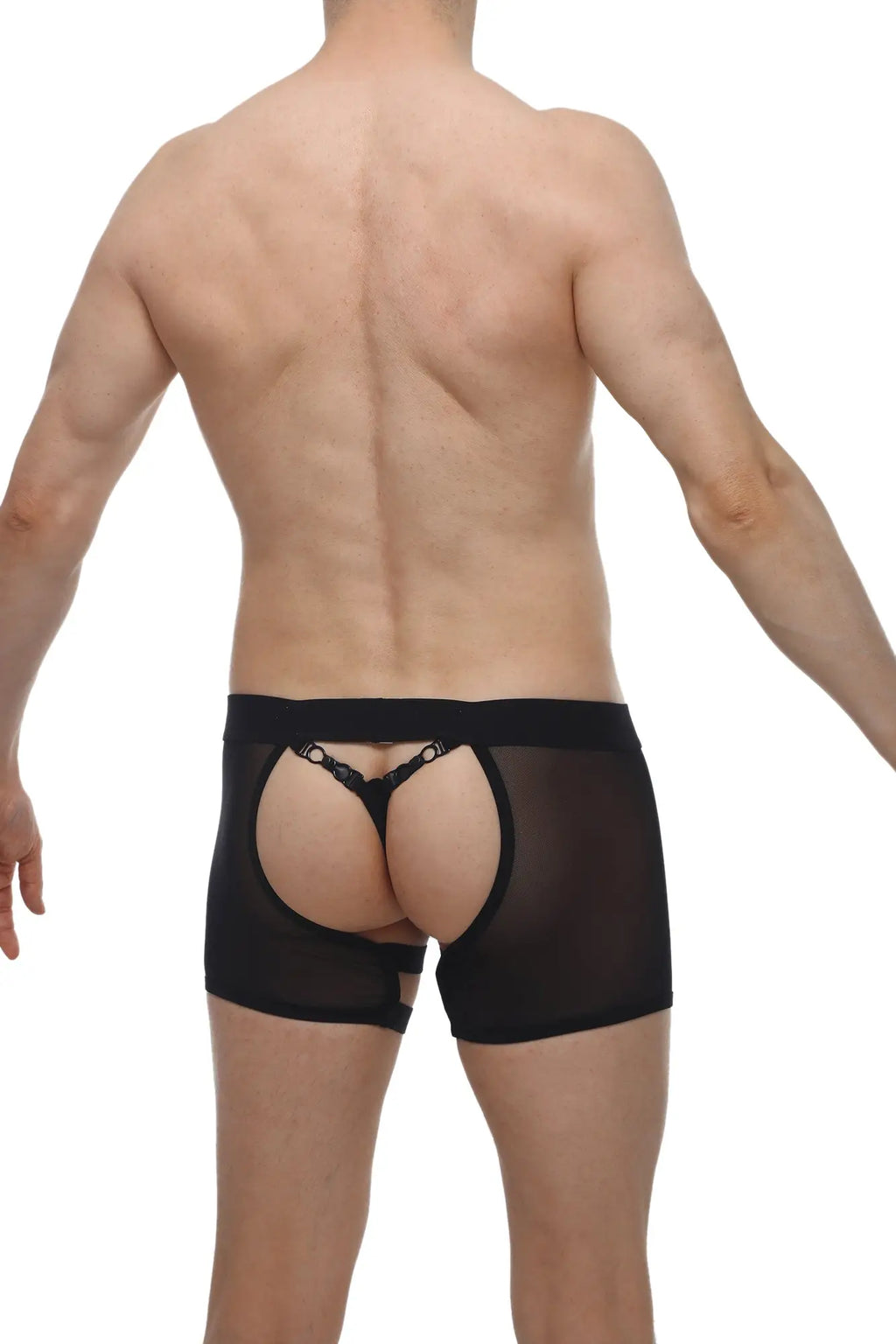 Back view of petitq boxer string garter angy black sheer mesh briefs with lace trim and open rear design