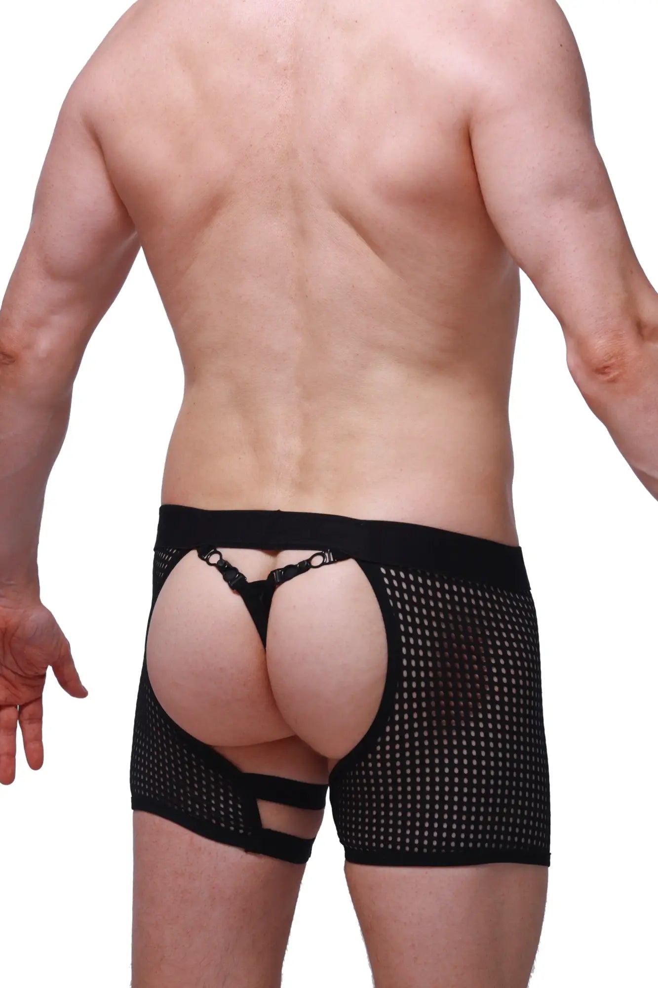 Black mesh petitq boxer string garter briefs with backless design and adjustable straps shown from back side