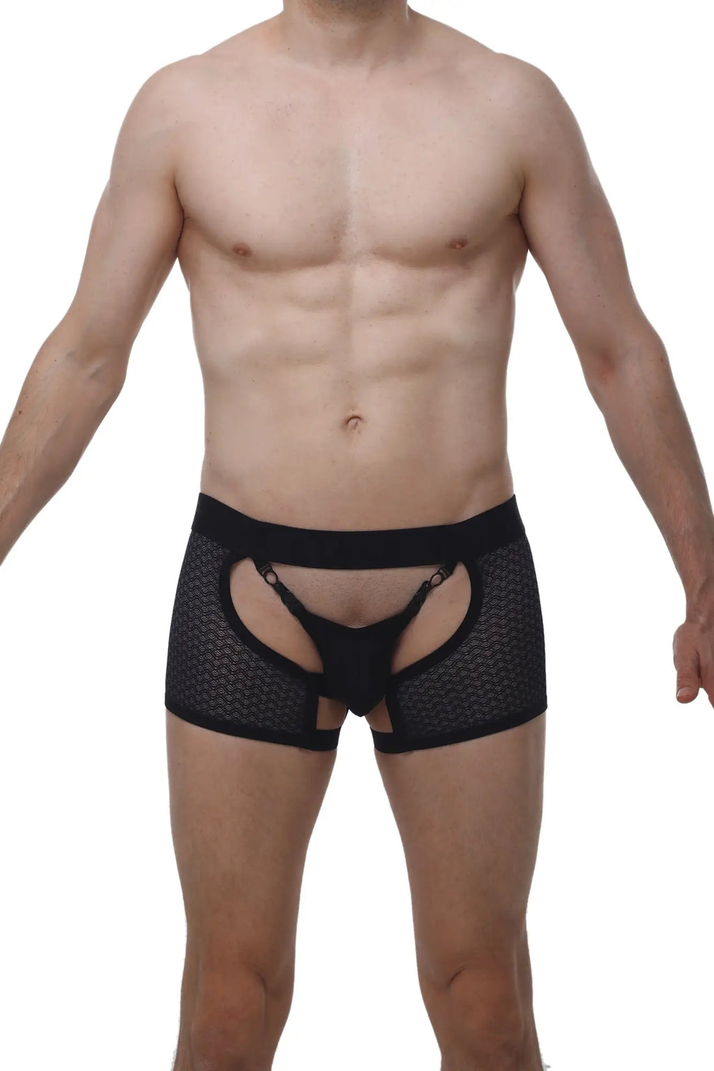 Petitq boxer string garter angy macra black black mesh briefs with solid waistband and cut-out design