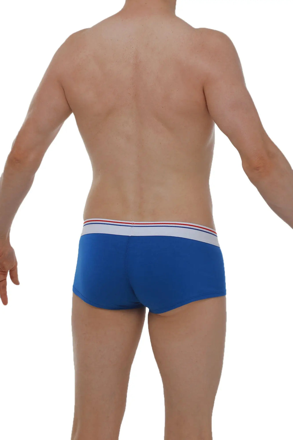 PetitQ boxer taik modal blue men’s briefs in blue with a white waistband and thin red and blue stripes