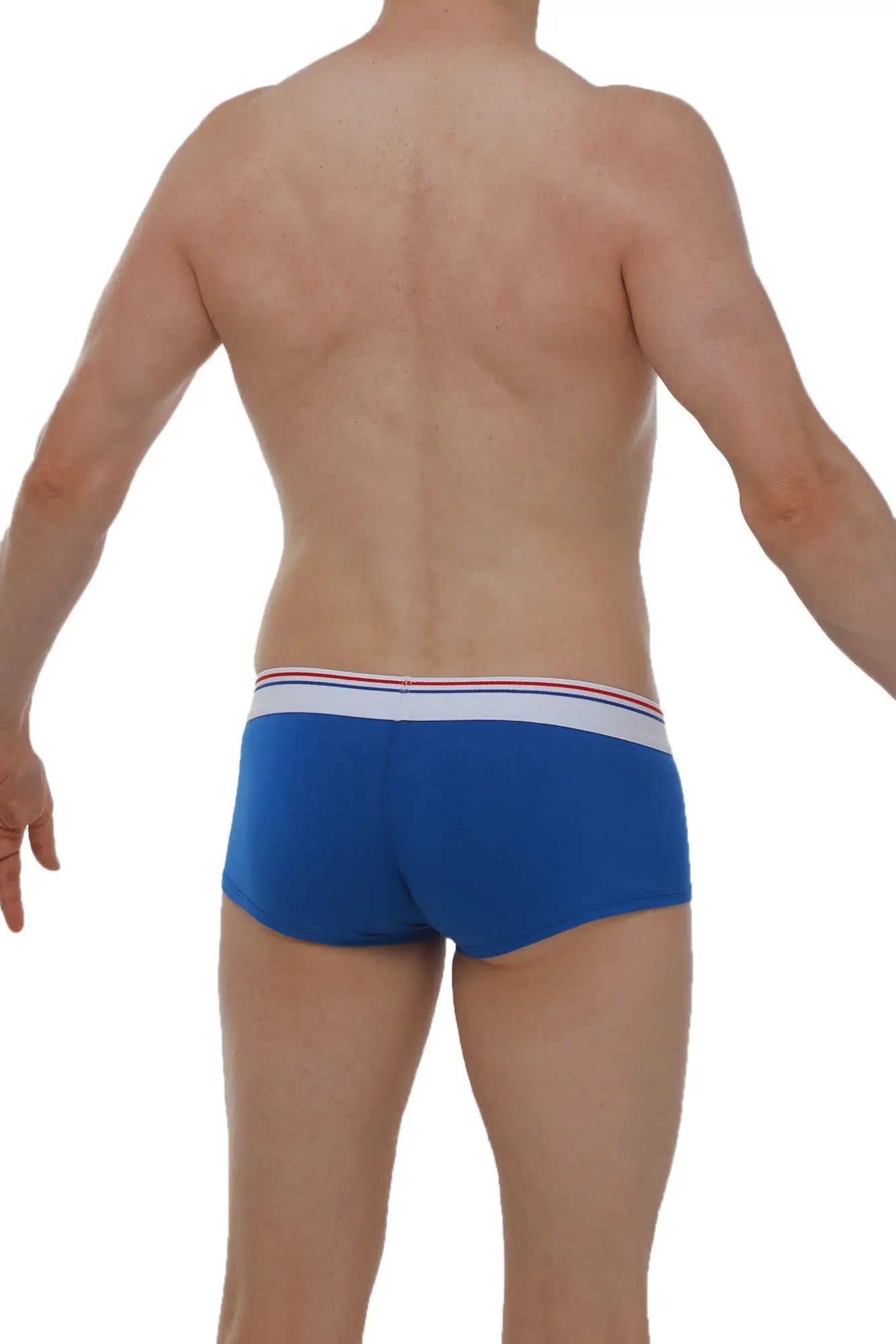 PetitQ boxer taik modal blue men’s briefs in blue with a white waistband and thin red and blue stripes