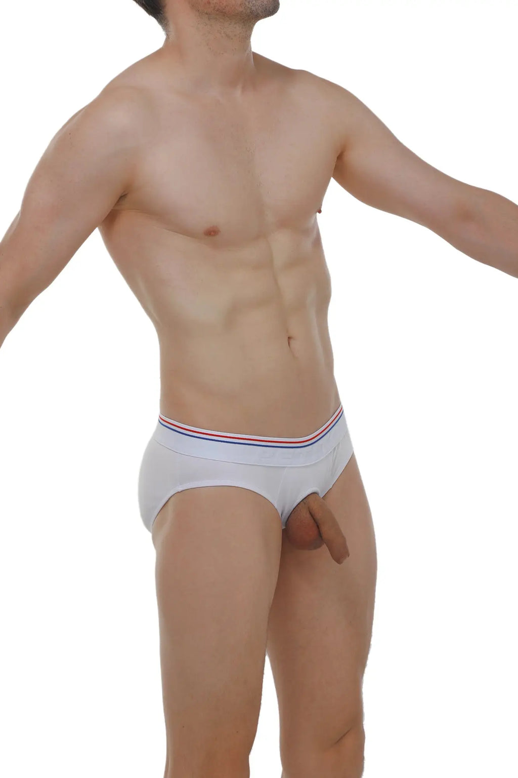PetitQ brief Anjouin modal white white briefs with red white and blue striped waistband front side view