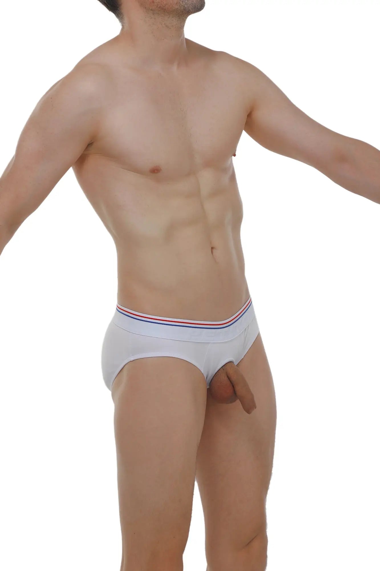 PetitQ brief Anjouin modal white white briefs with red white and blue striped waistband front side view