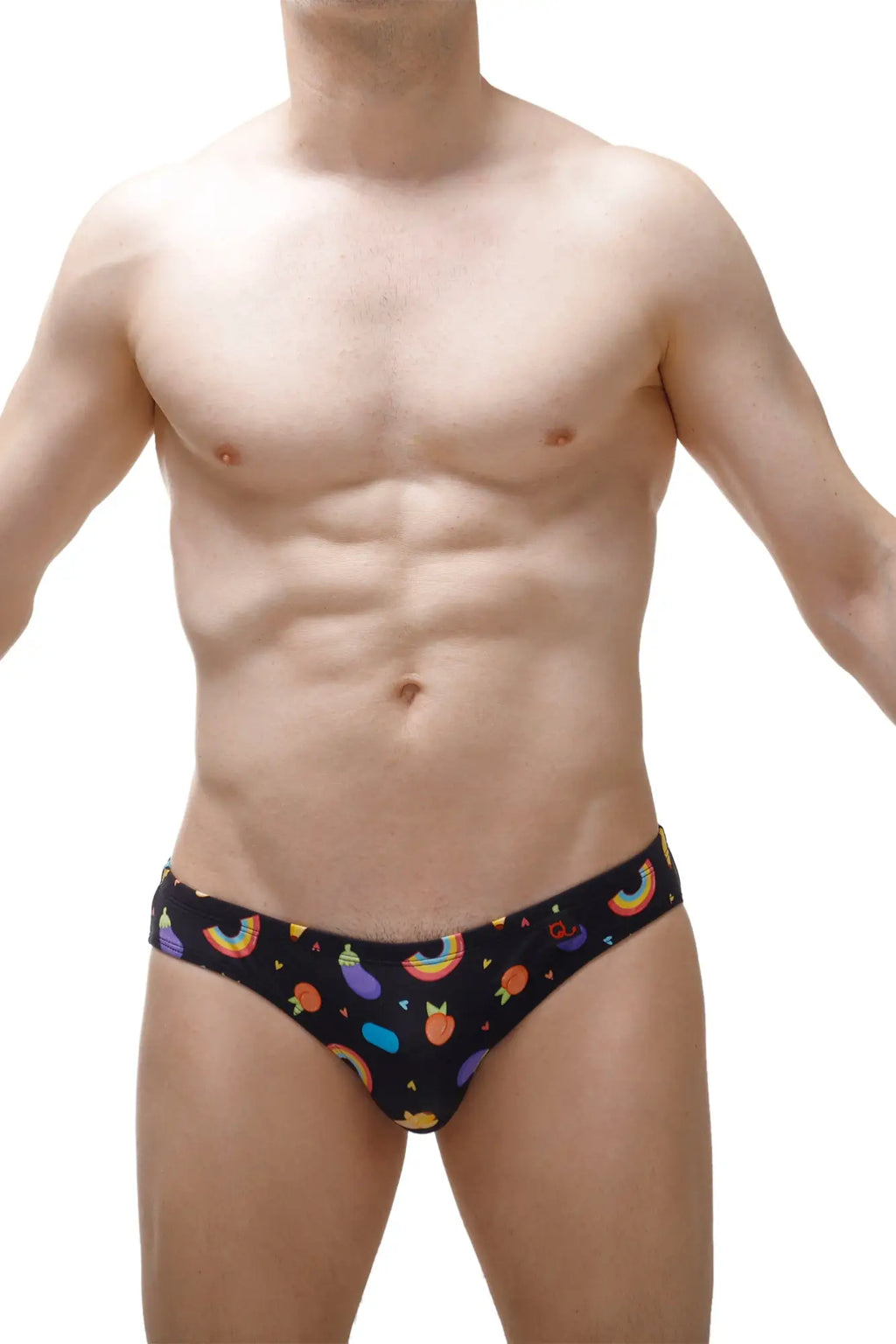 Black men’s briefs petitq brief ansan sitges with playful colorful rainbows pineapples and whimsical fruit patterns