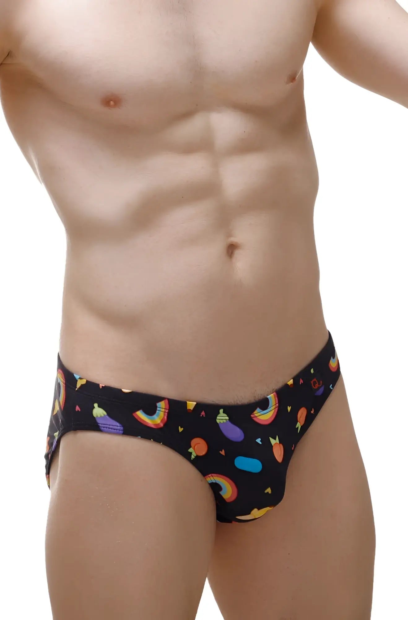 Petitq brief ansan sitges black men’s briefs with playful rainbow arcs fruit slices and vibrant geometric patterns