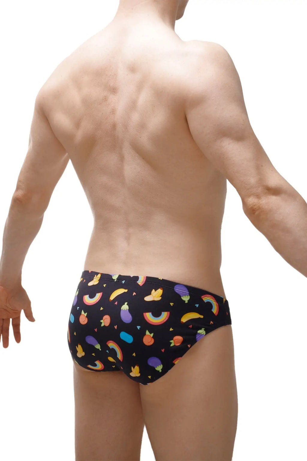 Black PetitQ brief Ansan Sitges swim trunks with colorful rainbows fruits and vegetables pattern for kids