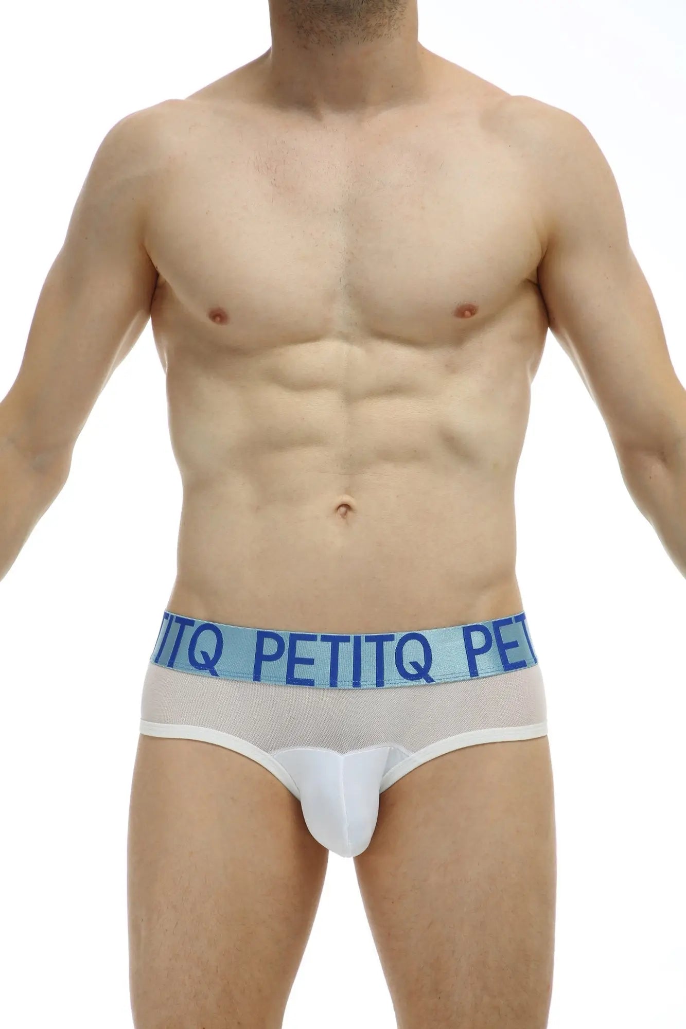 White petitq brief anzat with light blue elastic waistband featuring bold brand name for men