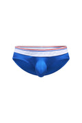 Blue petitq brief ball-lifter with a white waistband featuring red and blue stripes and embossed bettino branding