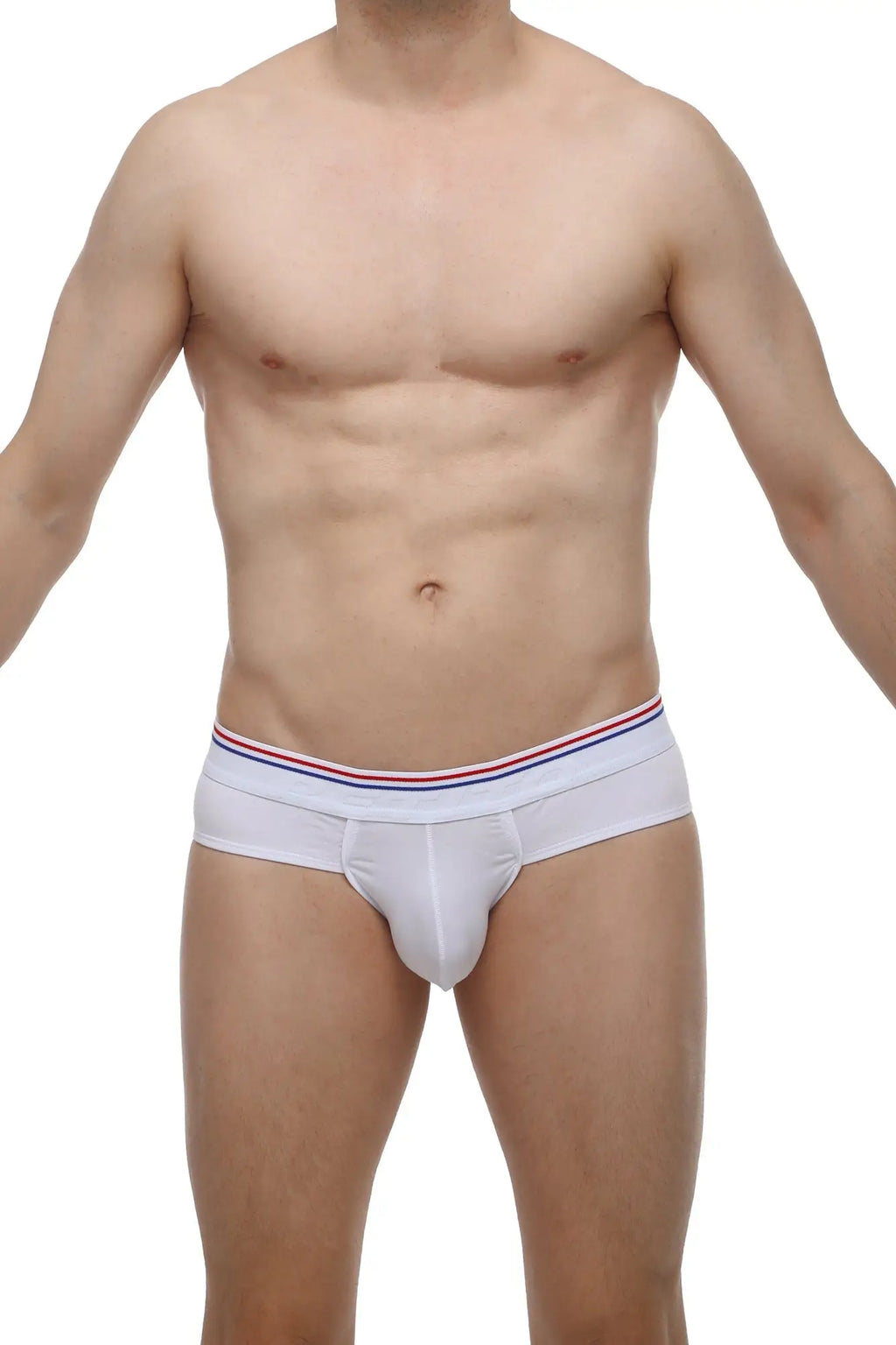 White men’s PetitQ brief with red white and blue striped elastic waistband for everyday comfort and support