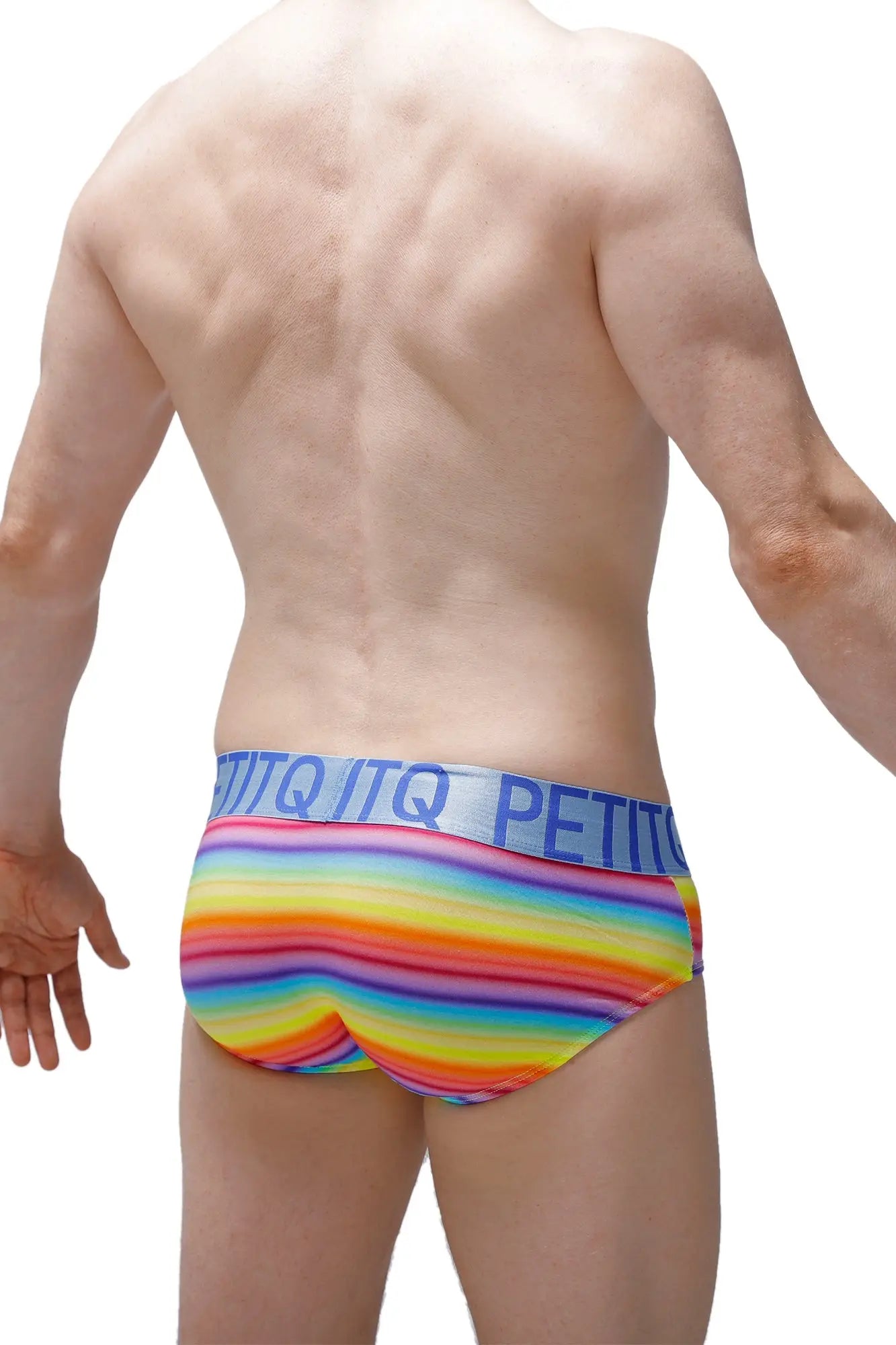 Petitq brief biran andiol rainbow-striped men’s briefs with blue elastic waistband featuring petitq branding