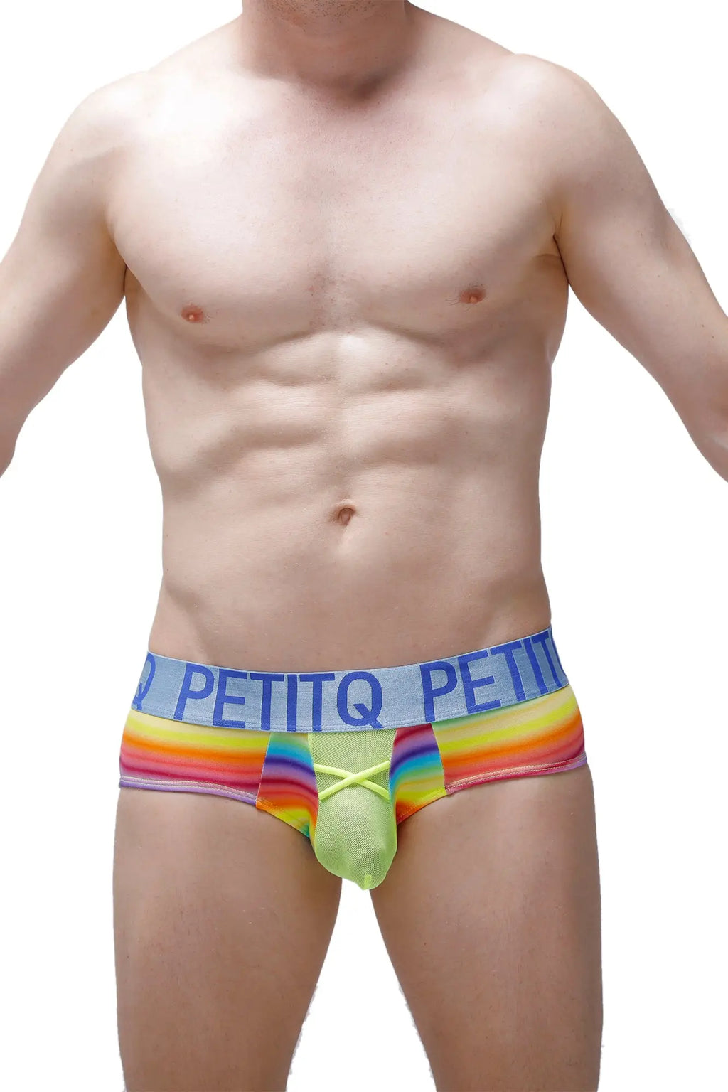 Petitq brief biran andiol rainbow-striped men’s briefs in neon green and blue with lace-up front detail