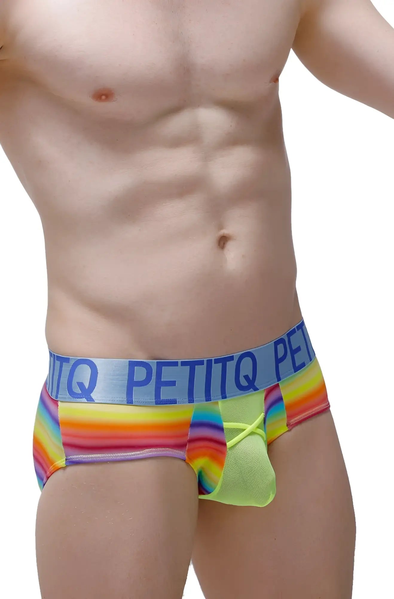 Petitq brief biran andiol rainbow striped men’s briefs with neon green mesh pouch and blue waistband