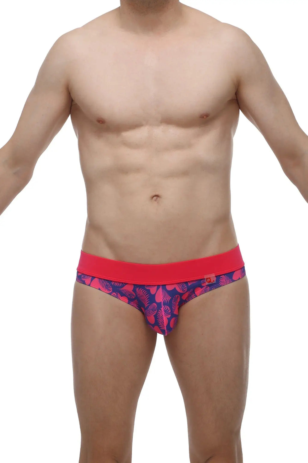 Petitq brief blaru tropical hearts vibrant pink and navy blue patterned briefs with bold red waistband