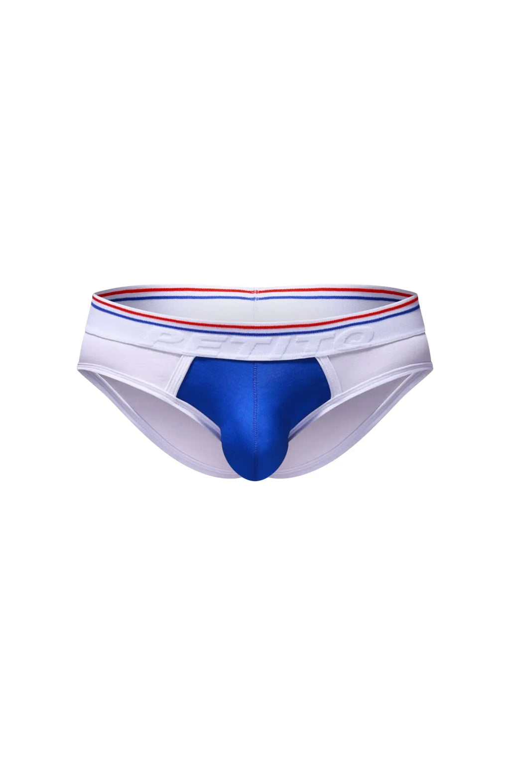 Petitq brief bovel white athletic briefs with white and royal blue fabric and red white and blue striped waistband