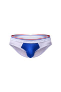 Petitq brief bovel white athletic briefs with white and royal blue fabric and red white and blue striped waistband