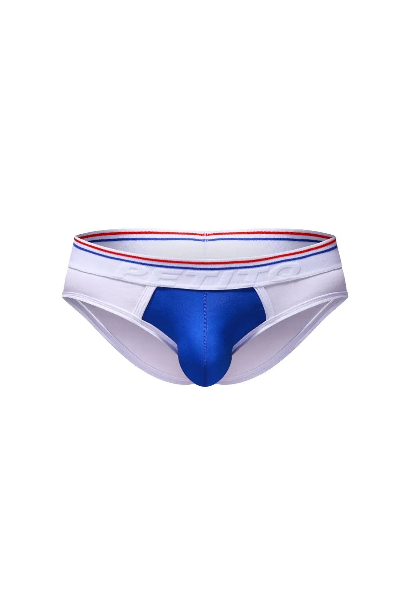 Petitq brief bovel white athletic briefs with white and royal blue fabric and red white and blue striped waistband