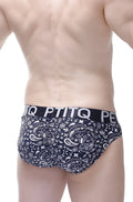 Black and white paisley patterned men’s briefs with branded elastic waistband by PetitQ brief bulan bandana