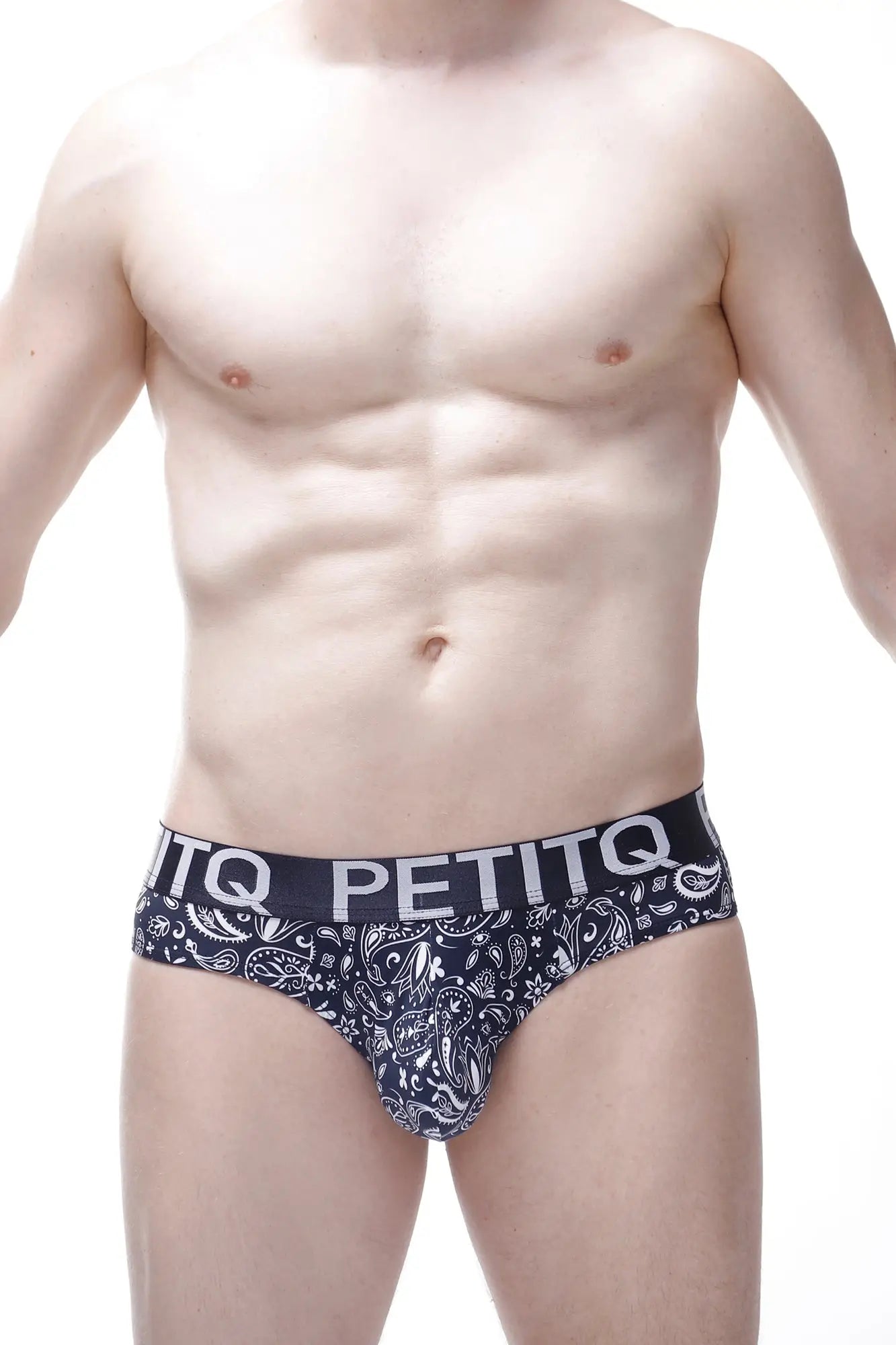 Black and white paisley-patterned petitq brief bulan bandana with contrasting elastic waistband for men