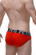 Red petitq brief bulan plum red men’s briefs with black elastic waistband and white peq petit lettering