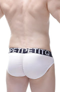 White mens briefs with black elastic waistband featuring petitq logo in bold white letters from petitq brief bulan plum white