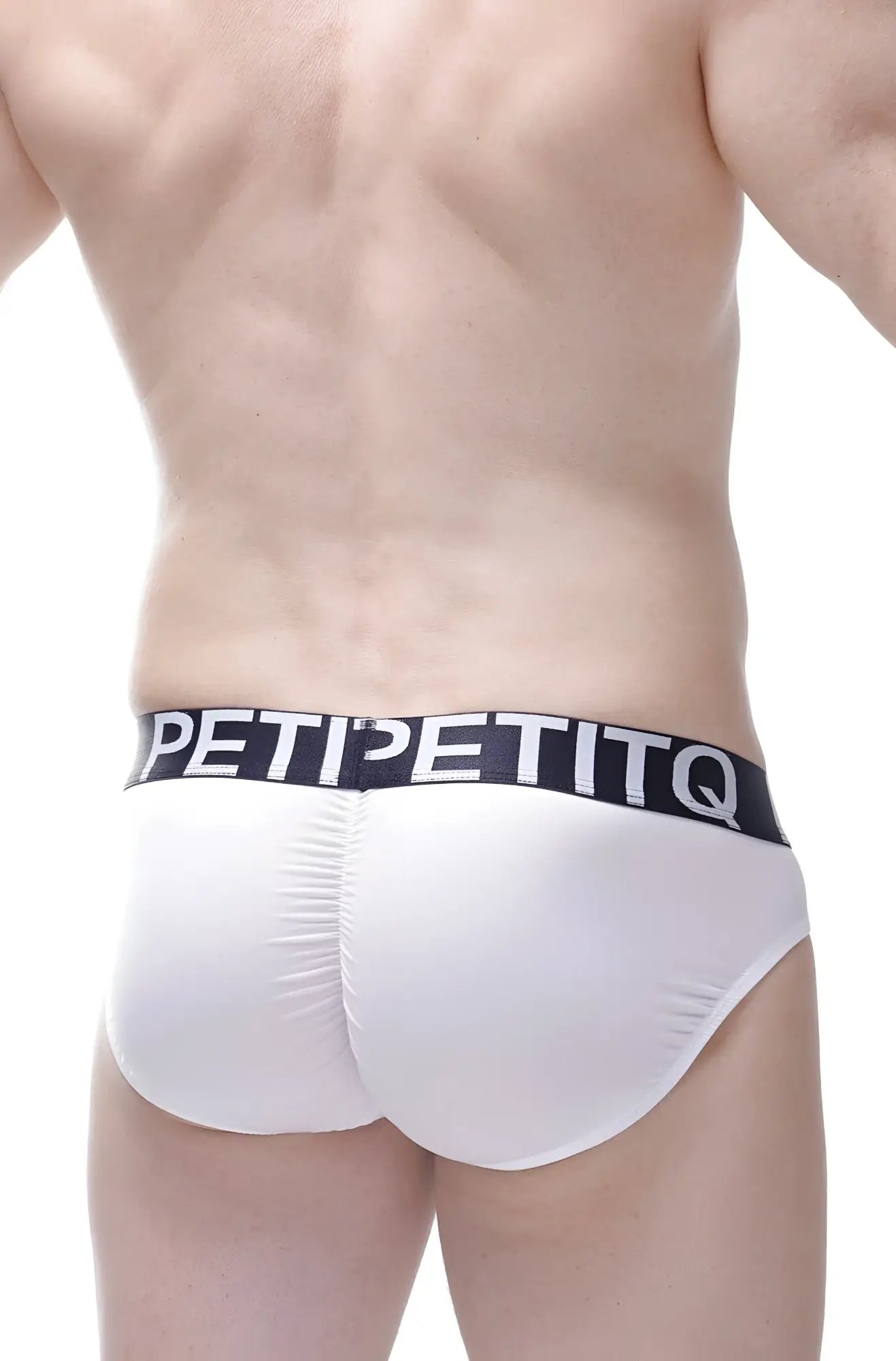 White mens briefs with black elastic waistband featuring petitq logo in bold white letters from petitq brief bulan plum white