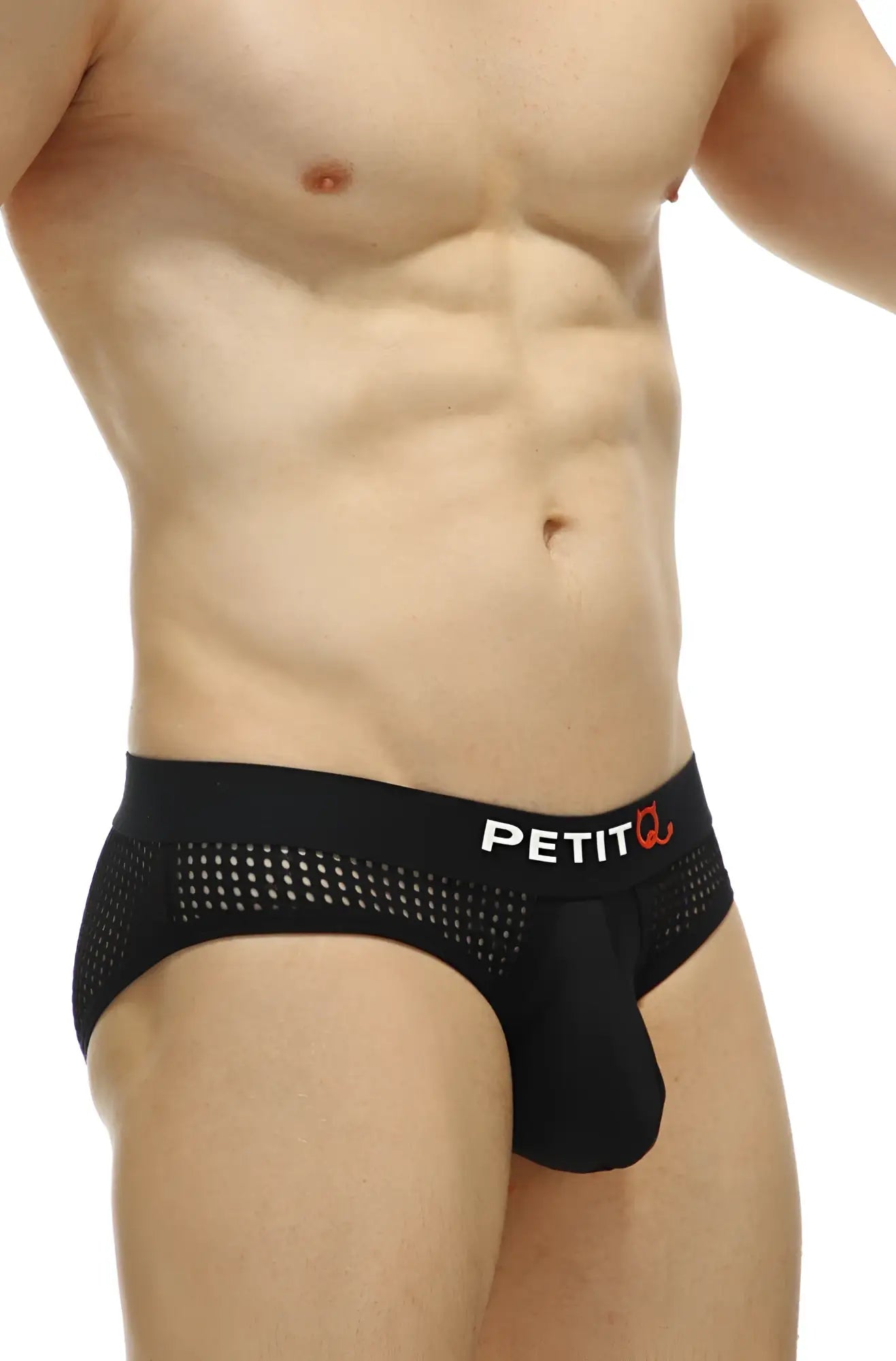 Black mesh petitq brief chaon durtol with perforated waistband and white petit logo and orange flame emblem