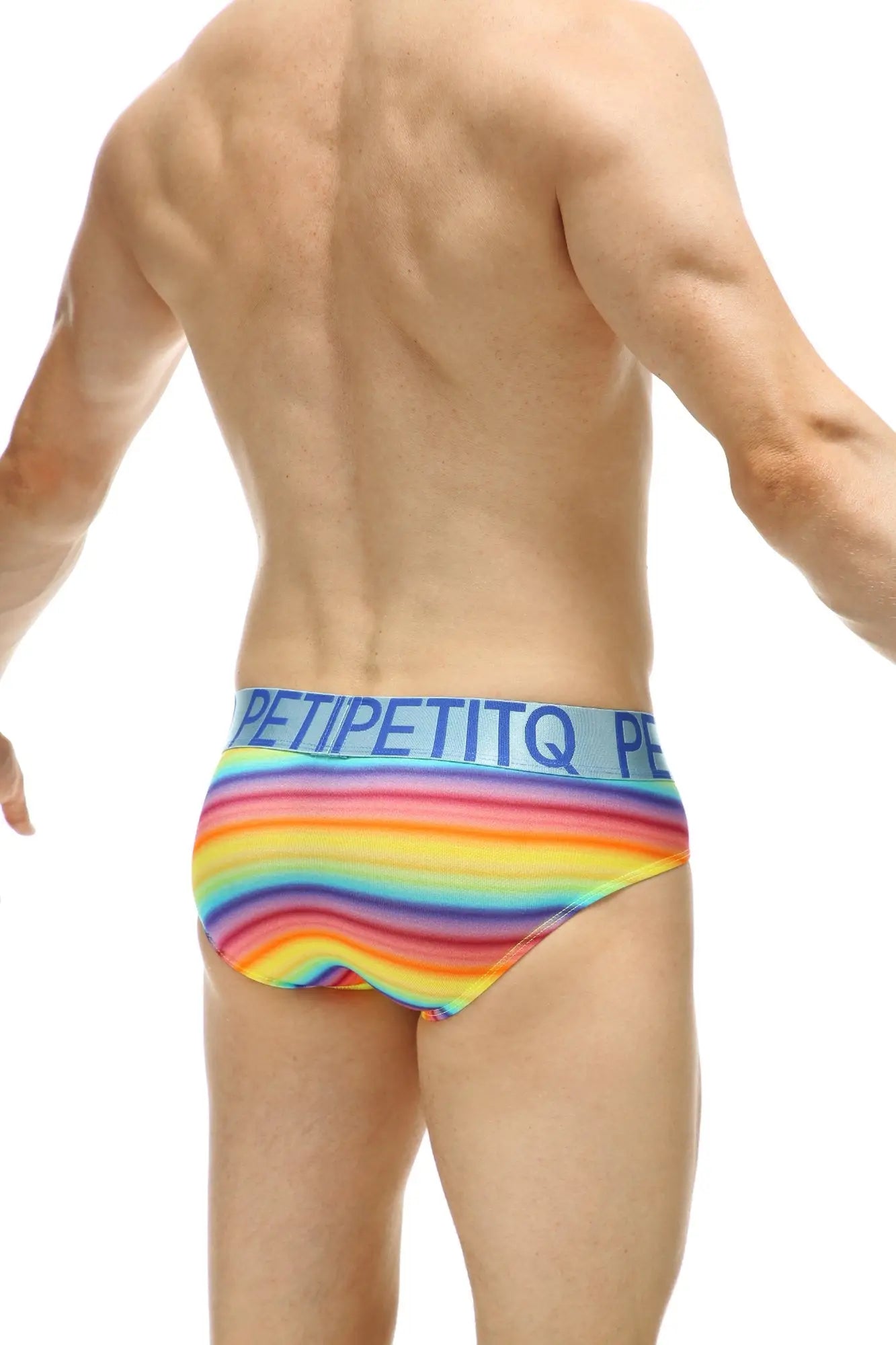 Rainbow-striped men’s briefs with blue waistband branded petitetiq in petitq brief chill max andiol collection