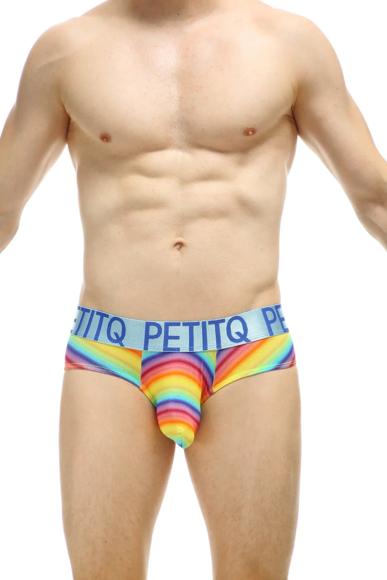 Rainbow-striped men’s briefs with light blue petitq waistband showcasing bold black brand name in petitq brief chill max andiol