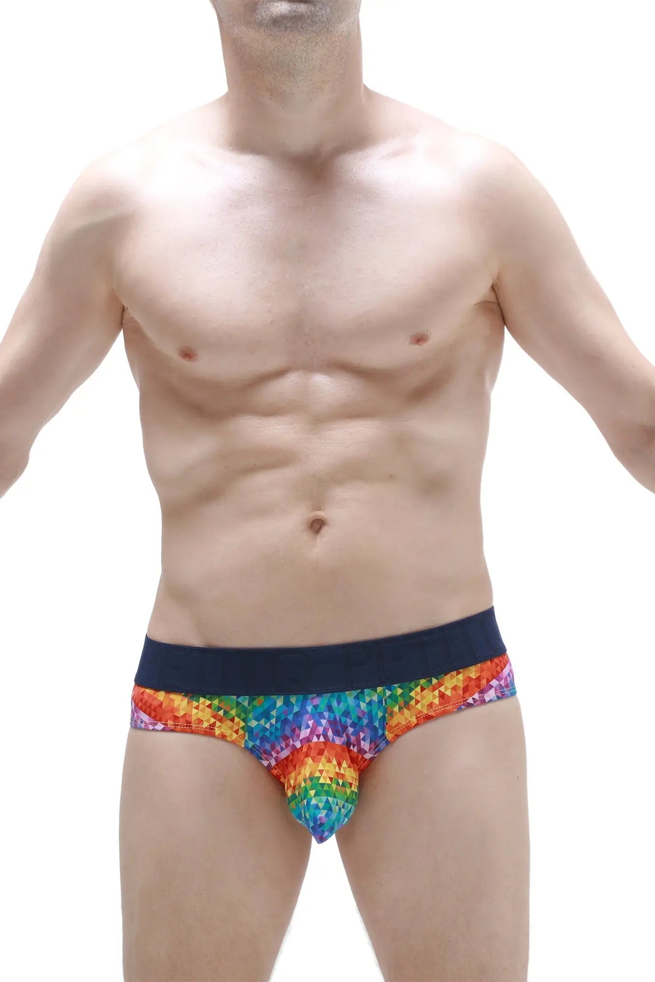 PetitQ brief chill max kaleidoscope rainbow patterned men’s briefs with dark blue waistband for comfortable wear
