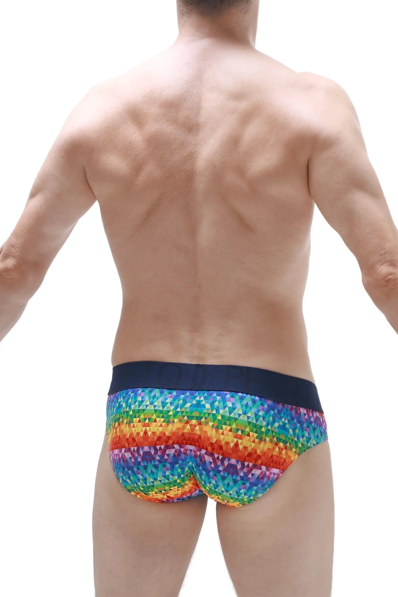 Petitq brief chill max kaleidoscope rainbow-patterned men’s briefs with dark blue waistband for comfortable wear